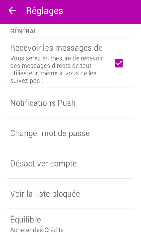 Cette section vous permet de modifier le mot de passe, désactiver le compte ou vous connecter entre autres configurations